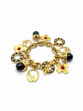 Vintage St. John Gold Tone Charm Toggle Bracelet – Black Enamel Cross SJ  7.5”